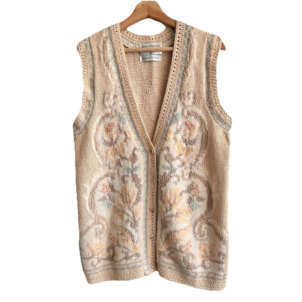 Vintage Marisa Christina Hand Knitted V Neck Sweater Vest Ramie Floral Pastel M